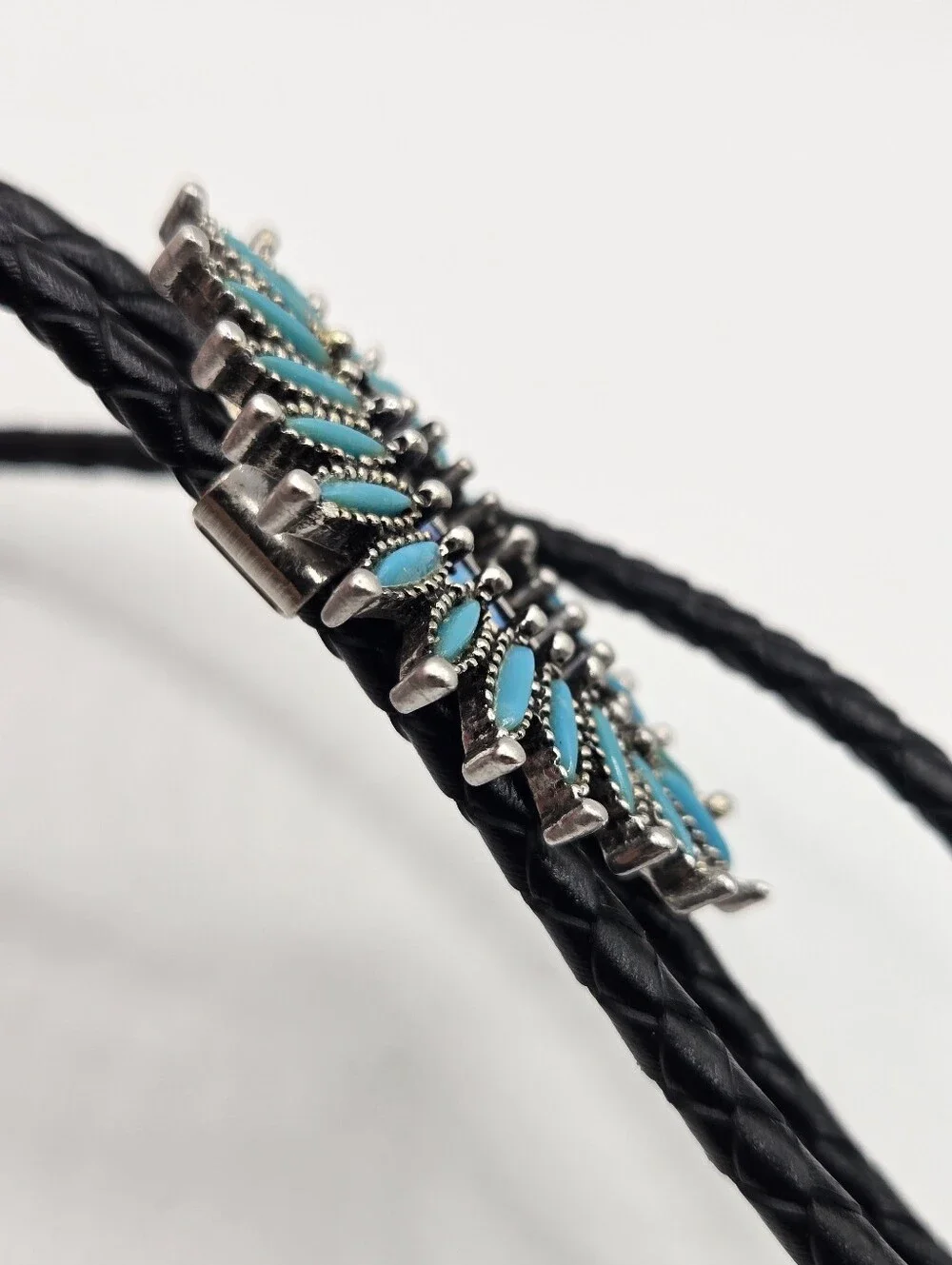 Silver Faux Turquoise Western Bolo Tie Leather Braid Rockstar 70s Aesthetic